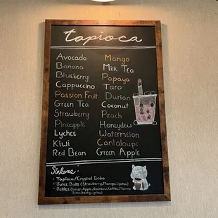 The tapioca drink menu selection