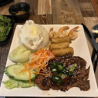 54. Grilled Slices Pork, Fried Egg, Egg Rolls, Grilled Shrimp