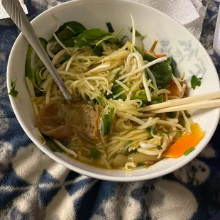 a bowl of noodles with meat and vegetables