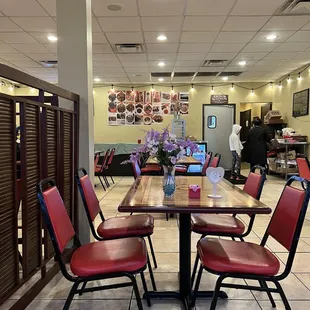 a table and chairs in a restaurant