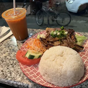 Grilled Pork Chop Rice Plate and Thai Iced Tea