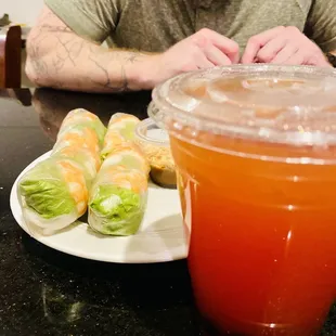 Shrimp Spring Rolls with Strawberry Green Tea with Boba