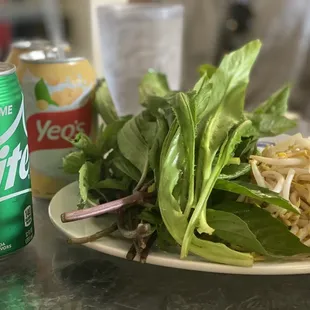 Sprite and soy bean drinks. Basil, Culantro, bean sprouts &amp; lemon for the pho soups