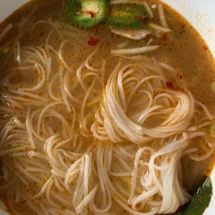 Rare beef pho with chili oil