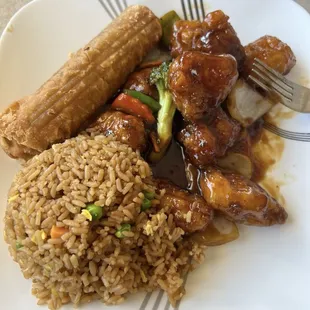 Lunch Special: General Tso's Chicken with Eggroll and Fried Rice.
