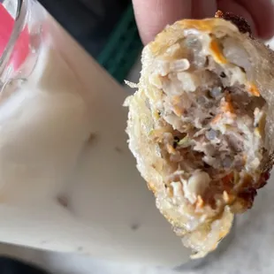 House egg roll and jasmine milk tea