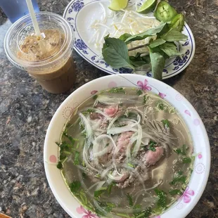 Small pho tai and cafe sua da.