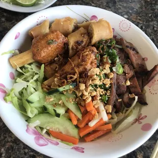 Pork chop Vermicelli with shrimp sugar cane and egg roll