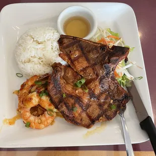Marinated grilled pork chops and sweet chili grilled shrimp