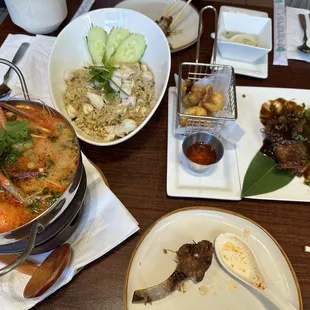 Tom Yum Goong Nam Khon, Crab Meat Fried Rice, Cranberry Crab Rangoon, Baby Back Ribs