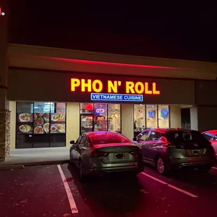 Restaurant front at night