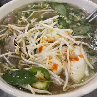 Pho with steak and meatballs don't be afraid to add a few eggs it's so delicious.