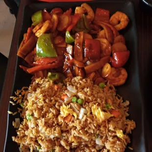 Shrimp with Garlic Sauce - bell peppers, bamboo shoots, water chestnuts and onions - and fried rice
