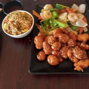 Dragon Phoenix  - Sesame Chicken and Shrimp with mixed vegetables, fried rice