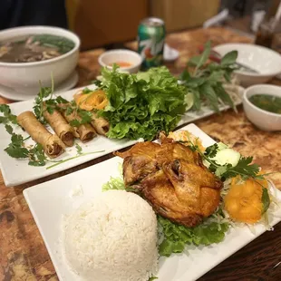 Fried chicken with rice and veggies ! &amp; some Cha Gio (5 Cuon) Fried Egg Rolls with Sauce