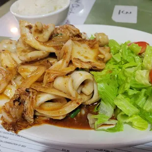 Chili pepper squid with rice. Too exciting and squid was pretty tough.