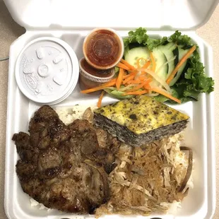 a meal in a styrofoam container