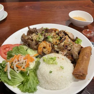 Combo rice plate with an egg roll.