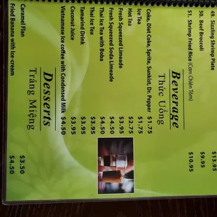 Menu - Beverages and desserts