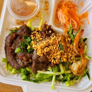 Beef and shrimp vermicelli- only I had them replace the noodles with lettuce.  The beef was sooo juicy and tasty like the shrimp.