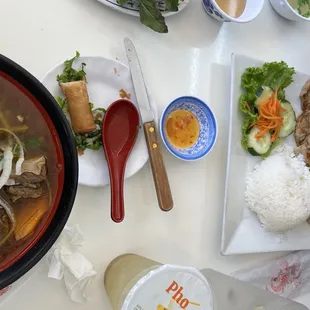 Rice Plate with soup, Salty Lemonade, Beef Noodle Soup, Egg Roll and side sauce