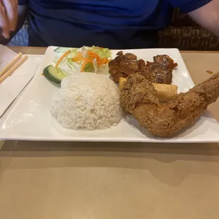 Combo plater pork chop chicken wing and egg roll