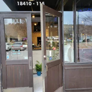 the entrance to a restaurant