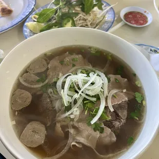P2 pho with round eye steak, well done flank steak and meatballs