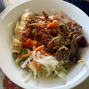 V0. Dry Vermicelli Bowl with grilled pork and shrimp with egg roll