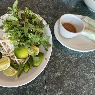 Garnish and shrimp spring rolls