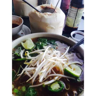 Sirloin pho and fresh coconut