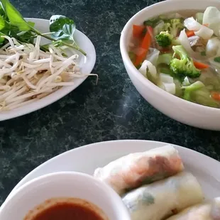 Spring rolls and 21 Pho Rau with meatballs added