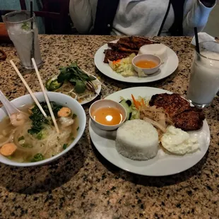 Seafood Pho, Grilled Pork with rice and sweet &amp; sour sauce, Soursop Smoothie