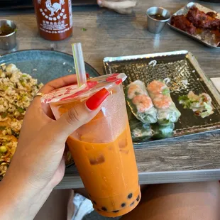 Chicken Fried Rice, Boba Tea, 1 Piece Spring Roll