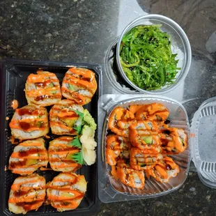 Bagel maki on the left, volcano maki on the right