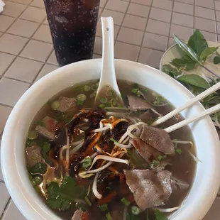 Meatball and brisket Pho. Shcrump dillyump