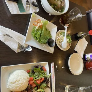 Broccoli and beef and chicken noodle soup