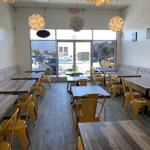 tables and chairs in a restaurant