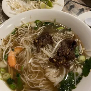 Grilled beef pho with one shrimp I stole from my guy