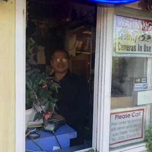 Drive thru window and Harry the owner! Check out his drive thru window for your next to go order