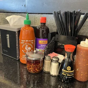 a variety of condiments and condiments