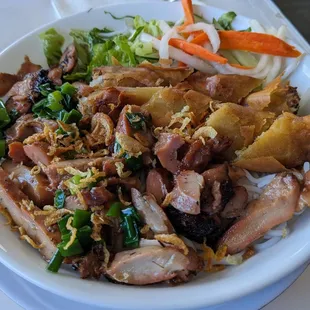 Bun noodles w/BBQ chicken &amp; spring rolls