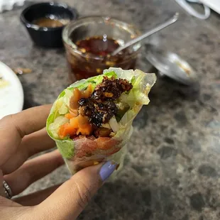 a hand holding a vegetable wrap