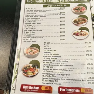 a menu for a vietnamese soup restaurant