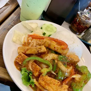 V12. Cơm Đậu Hủ Xào Xã Ốt -- fried tofu stir fried w/ lemongrass, chili, &amp; green onions; served w/ steamed rice