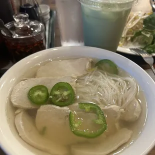 Chicken Pho and Honey Dew milk tea