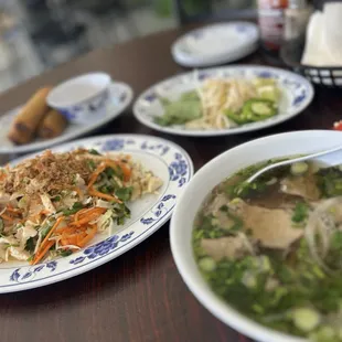Chicken salad (Gọi gà) Brisket vermicelli, soup (pho chính) Eggrolls  (chả giò)