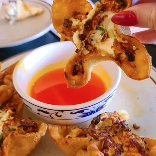 a person dipping sauce into a plate of food