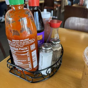 a basket of condiments on a table
