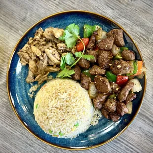 House special Shaken beef, lemongrass chicken with fried rice